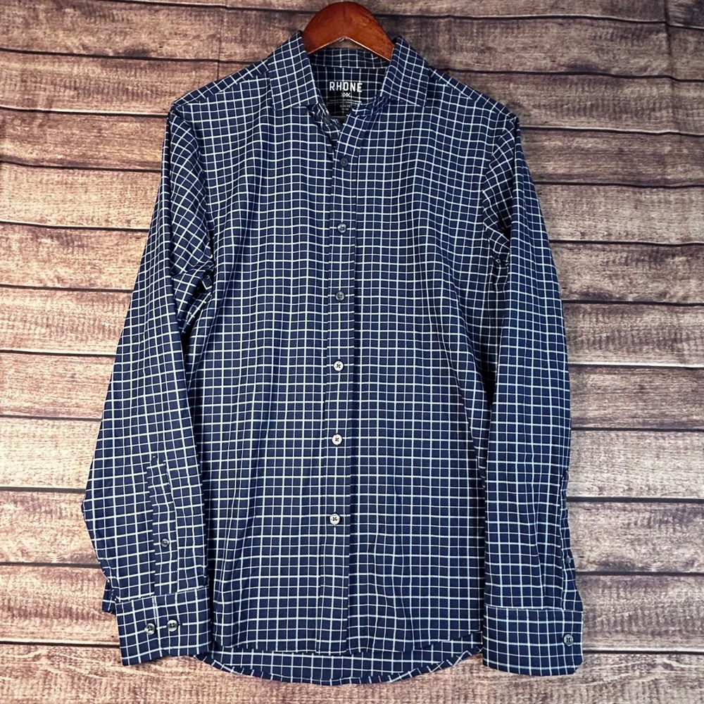 Rhone State of Mind Shirt Mens M Slim Fit Performance Navy Plaid Long Sleeve